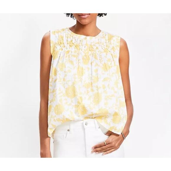 Loft Yellow Floral Pleated Yoke Mixed Media Top, Sleeveless, Women’s Size Small - Picture 1 of 12